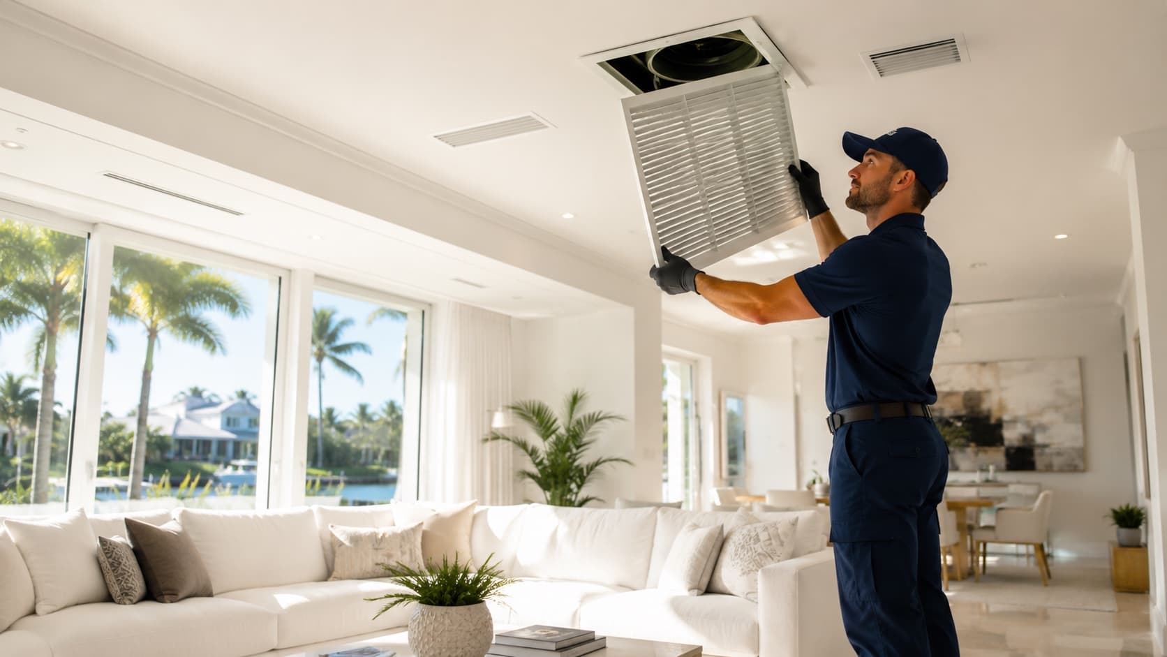 Technician cleaning an air duct